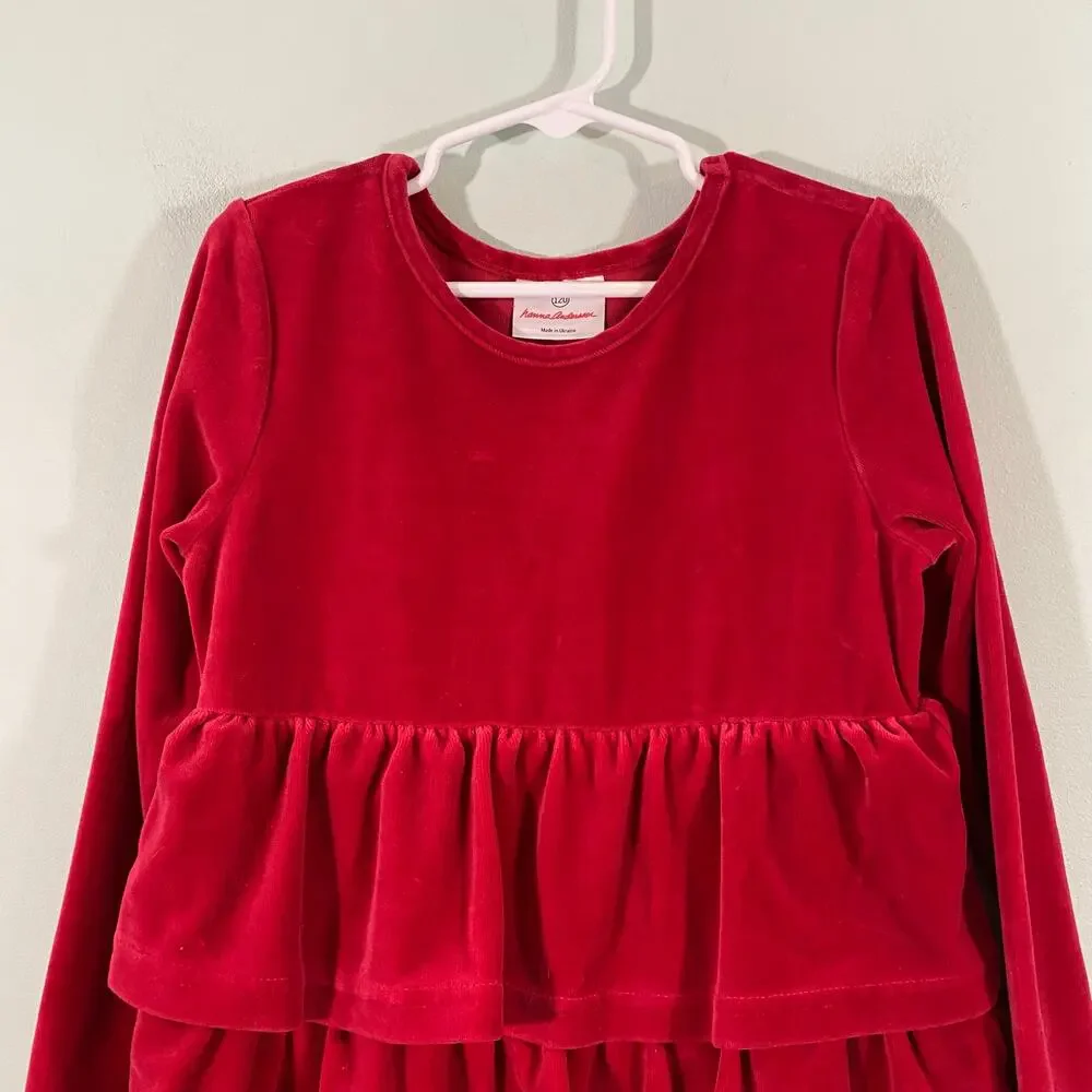 Hanna Andersson Girl's Red Velour Tiered Ruffle L/S Holiday Dress Size 120 (6-7)